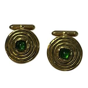 Chanel Gripore Cufflink Green Color Stone Round Gold Plated Vintage